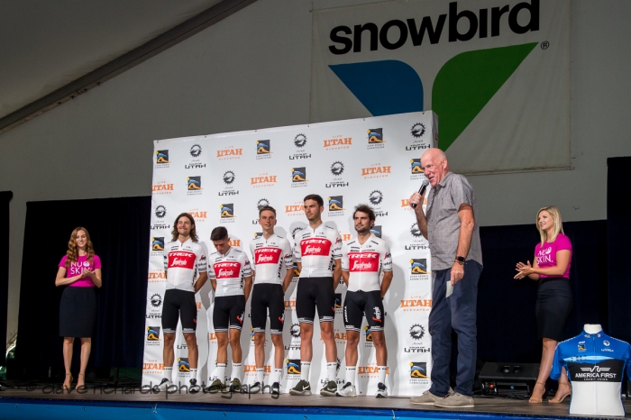 Trek-Segafredo riders. Team Presentation at Snowbird, 2019 LHM Tour of Utah (Photo by Dave Richards, daverphoto.com)