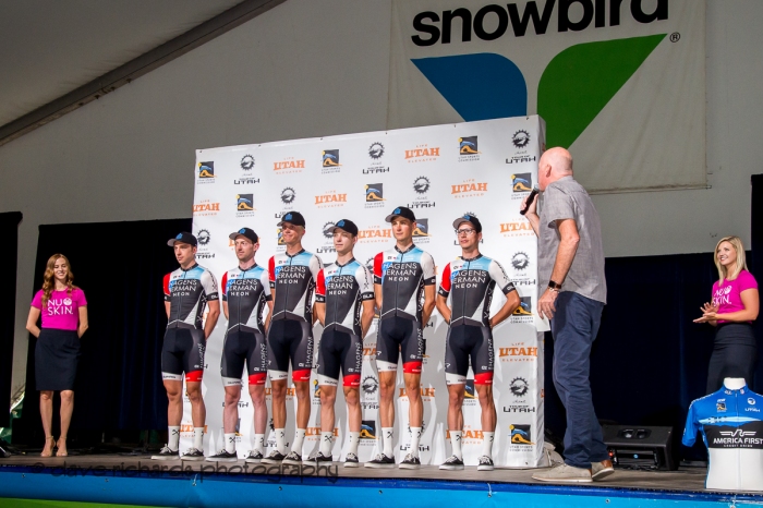 Hagens Berman Axeon riders. Team Presentation at Snowbird, 2019 LHM Tour of Utah (Photo by Dave Richards, daverphoto.com)