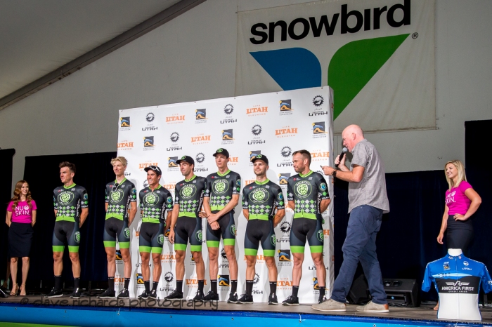 Worthy Pro Cycling riders. Team Presentation at Snowbird, 2019 LHM Tour of Utah (Photo by Dave Richards, daverphoto.com)