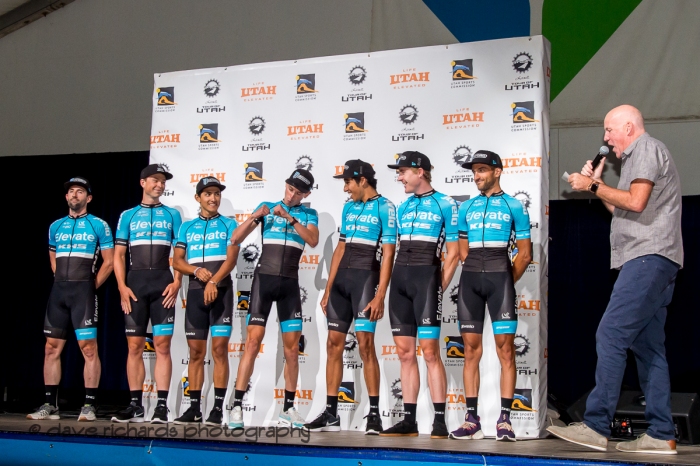 Elevate-KHS Pro Cycling riders ready to "duke" it out. Team Presentation at Snowbird, 2019 LHM Tour of Utah (Photo by Dave Richards, daverphoto.com)