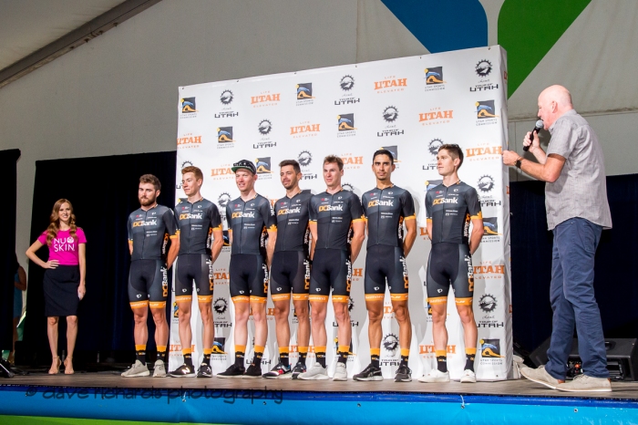 DC Bank Pro Cycling Team riders. Team Presentation at Snowbird, 2019 LHM Tour of Utah (Photo by Dave Richards, daverphoto.com)