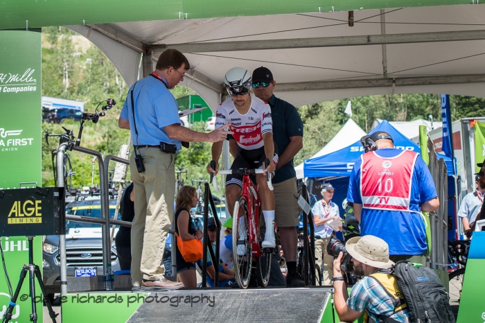 Trek-Segafredo rider gets the countdown at the start of the Prologue at Snowbird, 2019 LHM Tour of Utah (Photo by Dave Richards, daverphoto.com)