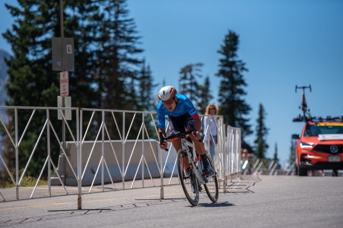 Evan Huffman (Rally UHC Cycling) begins the final descent to the finish of the Prologue time trial. 2019 Tour of Utah. Photo by Steven L. Sheffield