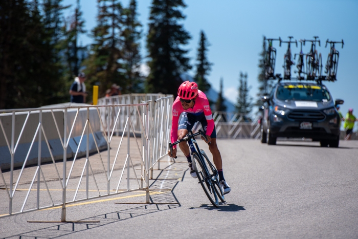 Lachlan Morton (EF Education First) on the final descent of the Prologue time trial. 2019 Tour of Utah. Photo by Steven L. Sheffield