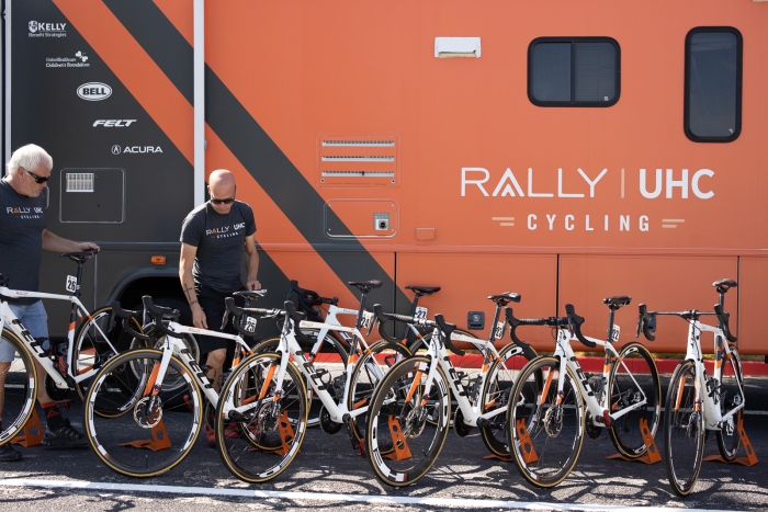 All the Rally UHC Cycling team bikes lined up outside their bus. Stage 2, 2019 Tour of Utah. Photo by Cathy Fegan-Kim