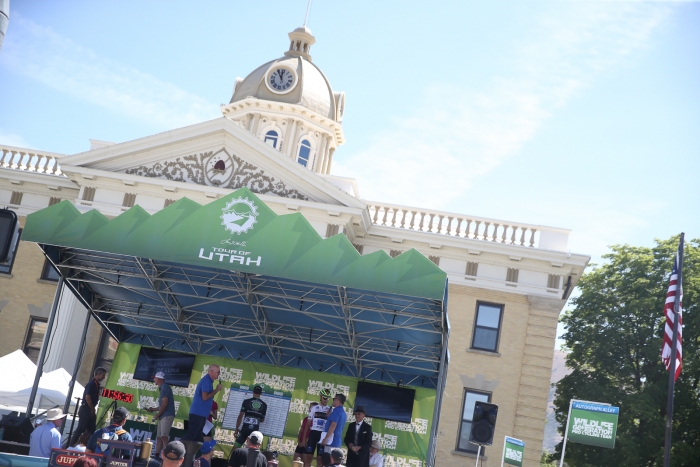 The race announcers interviewing riders during sign-in. Stage 2, 2019 Tour of Utah. Photo by Cathy Fegan-Kim