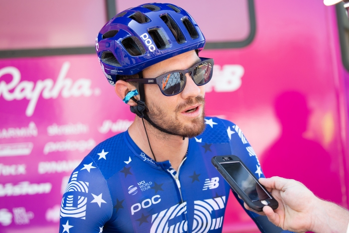 Alex Howes (EF Education First) being interviewed before Stage 2, 2019 Tour of Utah. Photo by Cathy Fegan-Kim