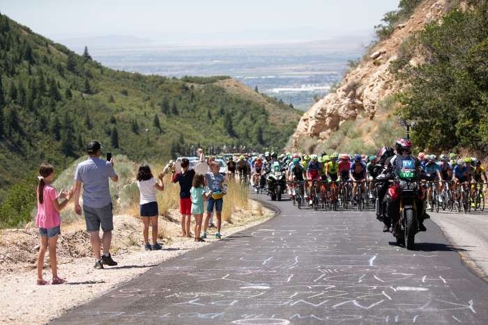 The chase is spread across the road. Stage 2, 2019 Tour of Utah. Photo by Cathy Fegan-Kim