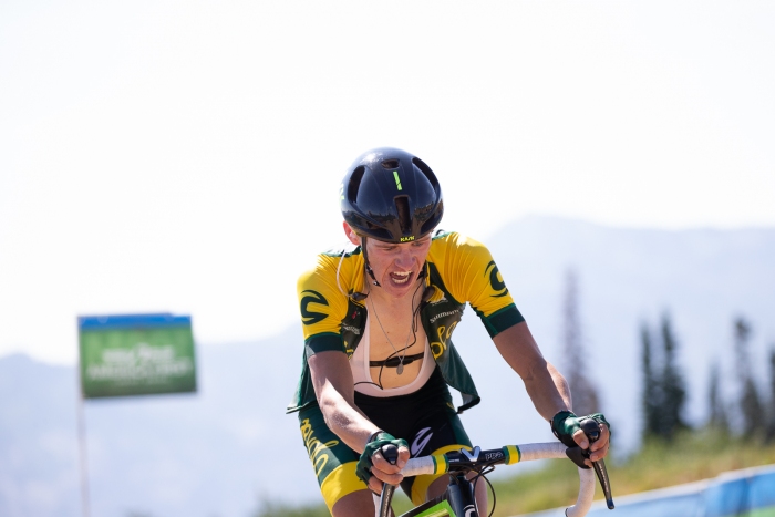 An Aevolo rider gasping for air at the 8900' summit of Powder Mountain. Stage 2, 2019 Tour of Utah. Photo by Cathy Fegan-Kim