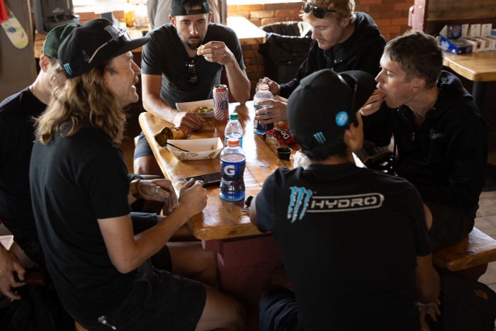 Post stage tacos at the Hidden Lake Cantina at the top of Powder Mountain for the Elevate KHS staff. Stage 2, 2019 Tour of Utah. Photo by Cathy Fegan-Kim