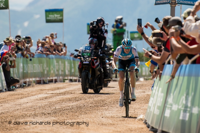 In a solo breakaway, Ben Hermans (Israel Cycling ACademy) hammers up the gravel section to the finish to win Stage 2 - Brigham City to Powder Mountain Resort, 2019 LHM Tour of Utah (Photo by Dave Richards, daverphoto.com)