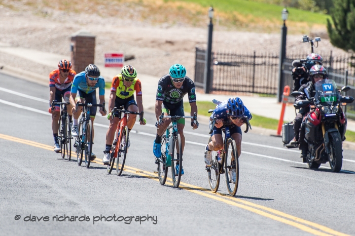 Alex Howes (EF Education First) tucks in tight leading the breakaway on the 1st of 3 final circuits on Stage 3 - Antelope Island State Park to North Salt Lake City, 2019 LHM Tour of Utah (Photo by Dave Richards, daverphoto.com)