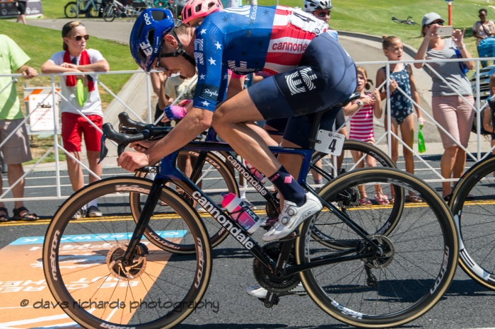 Alex Howes (EF Education First) wearing the US National Road Race Champion Stars & Stripes Jersey crosses the finish line starting the final 3 ciruits of the race. Stage 3 - Antelope Island State Park to North Salt Lake City, 2019 LHM Tour of Utah (Photo by Dave Richards, daverphoto.com)