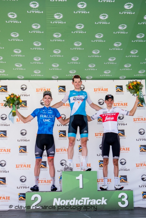 Stage 3 podium L-R: Kyle Murphy (Rally UHC Cycling), Ben Hermans (Israel Cycling Academy), Niklas Eg (Trek-Segafredo). Stage 3 - Antelope Island State Park to North Salt Lake City, 2019 LHM Tour of Utah (Photo by Dave Richards, daverphoto.com)