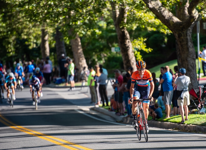 A NIPPO-Vini Fantini rider surges ahead on State Street to try to bridge to the break. Stage 4, 2019 Tour of Utah. Photo by Steven L. Sheffield