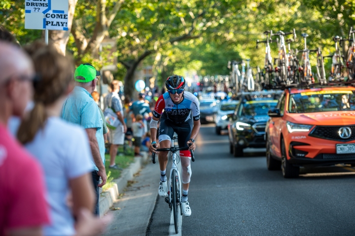 Thomas Revard (Hagens Berman-Axeon) grits it out on State Street after his Stage 3 crash. Stage 4, 2019 Tour of Utah. Photo by Steven L. Sheffield