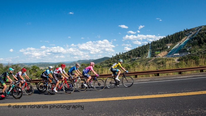 Yellow Jersey leader Ben Hermans (Israel Cycling Academy) looks over to the jumping hills which were the site of the 2002 Winter Olympics. Is he wondering whether his next career will be Nordic Jumping? Stage 5 - Canyons Village Park City Mountain Resort, 2019 LHM Tour of Utah (Photo by Dave Richards, daverphoto.com)