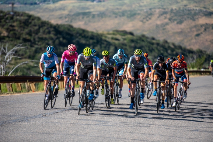 What's left of the peloton makes its way over the top of Olympic Park. Stage 5, 2019 Tour of Utah. Photo by Steven L. Sheffield