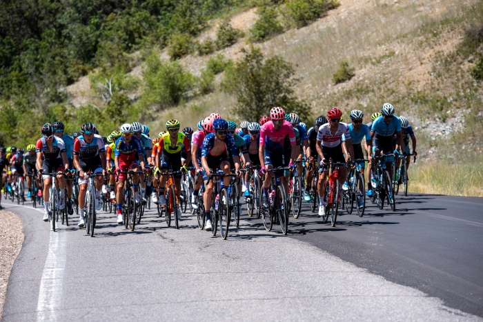 Led by EF Education first, the peloton nears the top of North Ogden Divide, Stage 2, 2019 Tour of Utah. Photo by Steven L. Sheffield