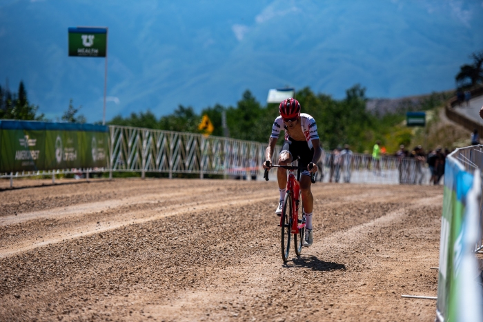 Peter Stetina attacked early on the climb to Powder Mountain, but faded back to finish 4th. Stage 2, 2019 Tour of Utah. Photo by Steven L. Sheffield