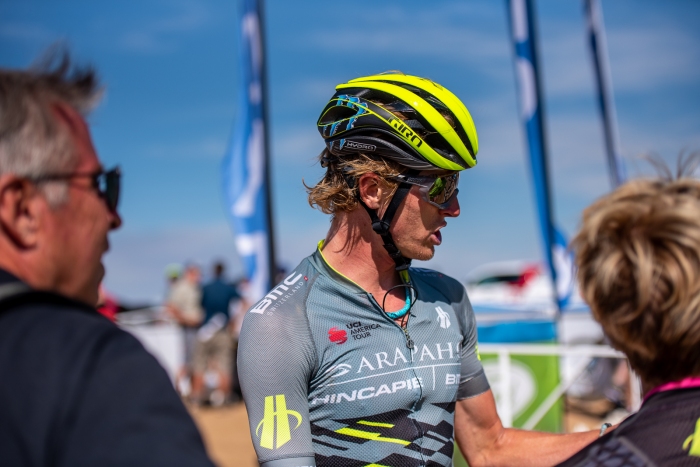 TJ Eisenhart (Arapahoe-Hincapie p/b BMC) chats with family after finishing the climb to Powder Mountain. Stage 2, 2019 Tour of Utah. Photo by Steven L. Sheffield