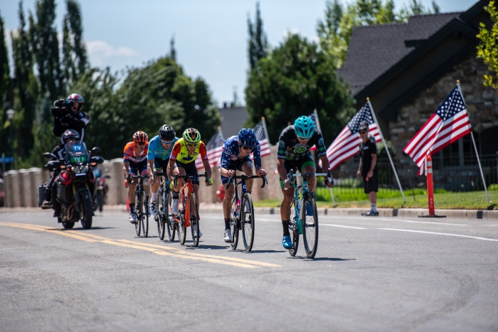 With 3 laps to go on the finishing circuit, the breakaway nears the top of Eagle Ridge to drop to the finish. Stage 3, 2019 Tour of Utah. Photo by Steven L. Sheffield