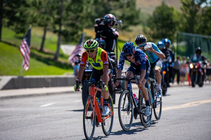 With 2 laps to go, the break is down to Lorenzo Fortunato (Neri Sottoli-Selle Italia-KTM), Alex Howes (EF Education First), and Hayden McCormick (Team Bridgelane). Stage 3, 2019 Tour of Utah. Photo by Steven L. Sheffield