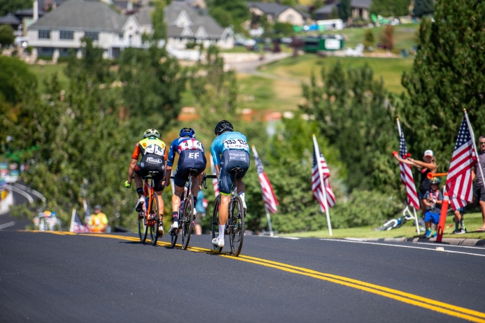 With 2 laps to go, the remnants of the break begin the drop to the finish line. Stage 3, 2019 Tour of Utah. Photo by Steven L. Sheffield