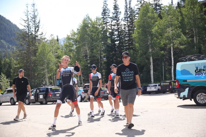 Jeff Louder and his Hagens Berman-Axeon (USA) riders arrive at 2019 ToU Team Presentation held at Snowbird.