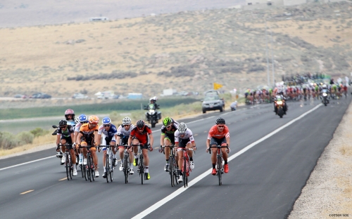 The break gets started on the Antelope Island Causeway. Stage 5 of the 2016 Tour of Utah. Photo by Cathy Fegan-Kim, cottonsoxphotography.com