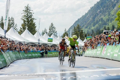 Andrew Talansky (Cannondale Drapac) shakes his fist in victory after beating Atapuma (BMC Racing) to the line to win Stage 6, 2016 Tour of Utah. Photo by Dave Richards, daverphoto.com