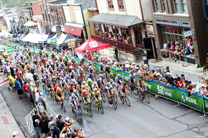 The peloton rolls out on Main Street in Park City at the start of Stage 7 of the 2016 Tour of Utah. Photo by Catherine Fegan-Kim, cottonsoxphotography.com