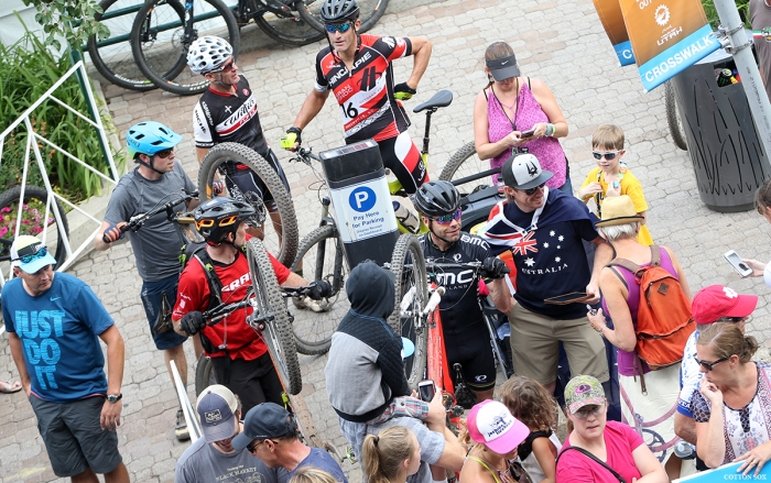 Cadel Evans has his mountain bike in hand while Stage 7 of the 2016 Tour of Utah is going on. Photo by Catherine Fegan-Kim, cottonsoxphotography.com