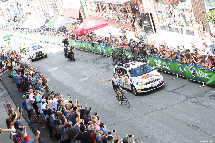 Lachlan Morton celebrates his stage win and the overall at the end of stage 7 of the 2016 Tour of Utah. Photo by Catherine Fegan-Kim, cottonsoxphotography.com