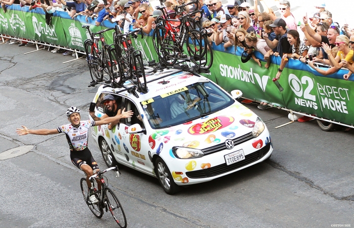 Lachlan Morton celebrates his stage win and the overall at the end of stage 7 of the 2016 Tour of Utah. Photo by Catherine Fegan-Kim, cottonsoxphotography.com