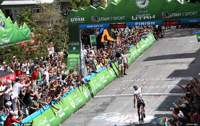 Lachlan Morton celebrates his stage win and the overall at the end of stage 7 of the 2016 Tour of Utah. Photo by Catherine Fegan-Kim, cottonsoxphotography.com