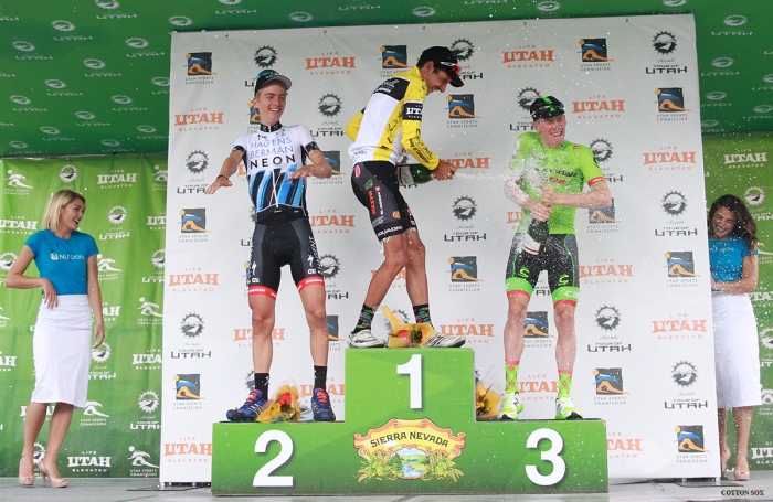 The top three celebrate with champagne after Stage 7 of the 2016 Tour of Utah. Photo by Catherine Fegan-Kim, cottonsoxphotography.com