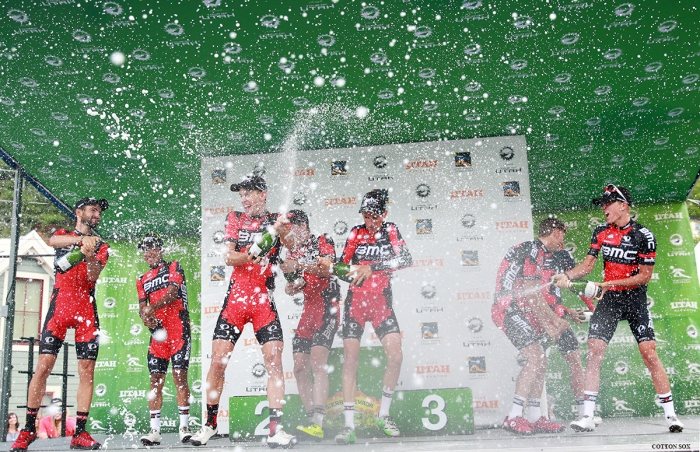 Champagne! BMC won the team honors. Stage 7 of the 2016 Tour of Utah. Photo by Catherine Fegan-Kim, cottonsoxphotography.com