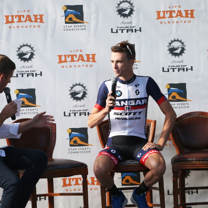 Rob Squire being interviewed. Squire is one of Utah's top racers and is from Sandy. Photo: Catherine Fegan-Kim