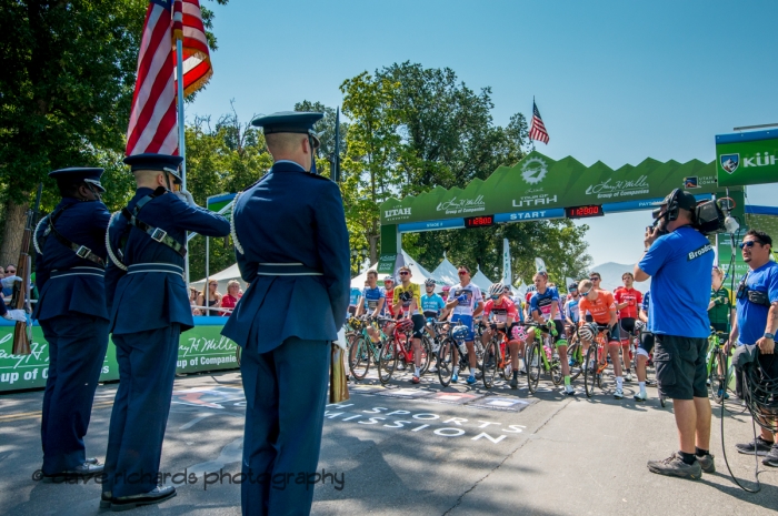 Color guard presents the flag to the riders as the national anthem is sung at the start of Stage 2, 2018 LHM Tour of Utah cycling race (Photo by Dave Richards, daverphoto.com)