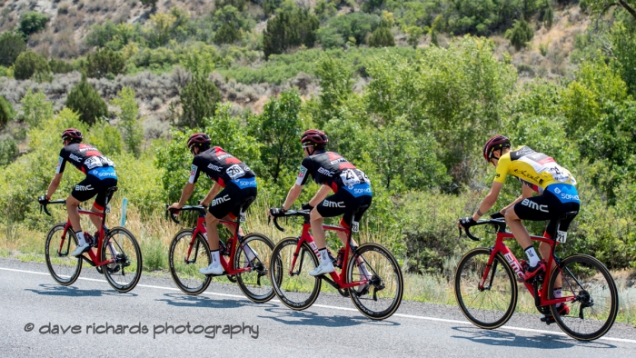 BMC Racing Team riders lead the way  for their team captain and yellow jersey race leader Tejay Van Garderen. Stage 2, 2018 LHM Tour of Utah cycling race (Photo by Dave Richards, daverphoto.com)