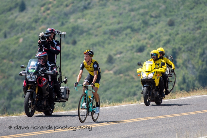 TV cameras focus on Sepp Kuss (Team Lotto NL_Jumbo) while neutral support Mavic is ready to help out should Sepp have a flat tire. Stage 2, 2018 LHM Tour of Utah cycling race (Photo by Dave Richards, daverphoto.com)