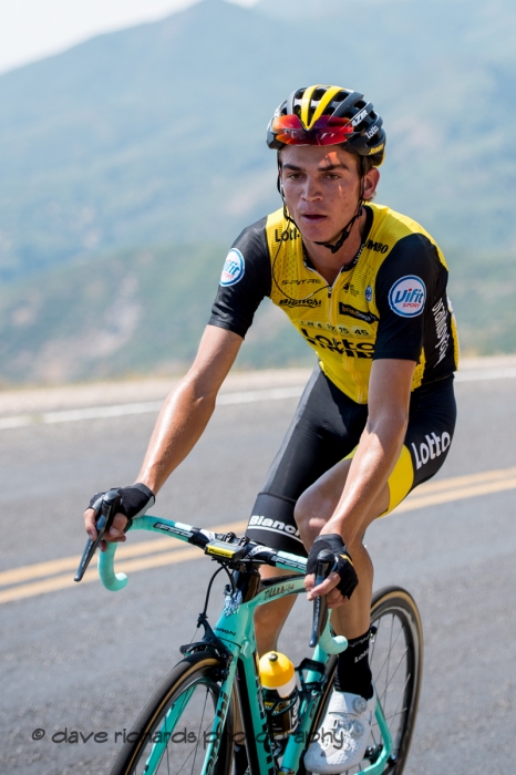 Close up on Sepp Kuss (Team Lotto NL_Jumbo) as he paces up the Mount Nebo climb to a solo win of Stage 2, 2018 LHM Tour of Utah cycling race (Photo by Dave Richards, daverphoto.com)