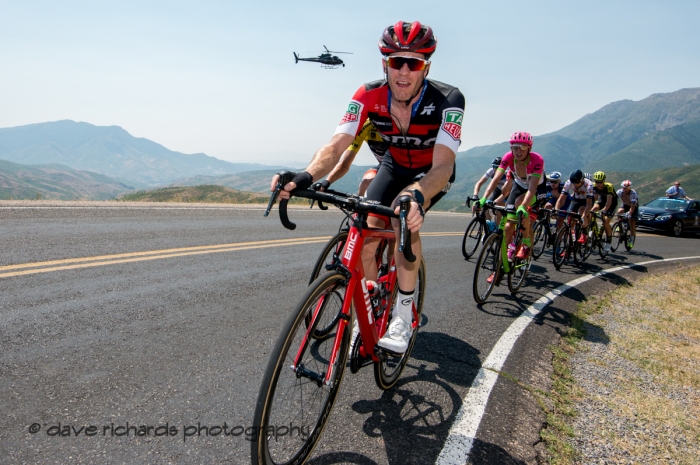 Looks like the helicopter is diving into  Brent Bookwalter's (BMC Racing Team) ear on the  climb up Mount Nebo. Stage 2, 2018 LHM Tour of Utah cycling race (Photo by Dave Richards, daverphoto.com)