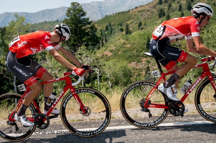 Trek-Segafredo riders bright red bikes contrast with the green slopes along the climb up Mount Nebo. Stage 2, 2018 LHM Tour of Utah cycling race (Photo by Dave Richards, daverphoto.com)