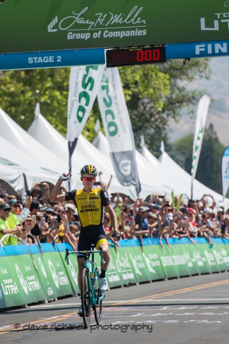 Sepp Kuss (Team Lotto NL_Jumbo) celebrates his solo win of Stage 2, 2018 LHM Tour of Utah cycling race (Photo by Dave Richards, daverphoto.com)