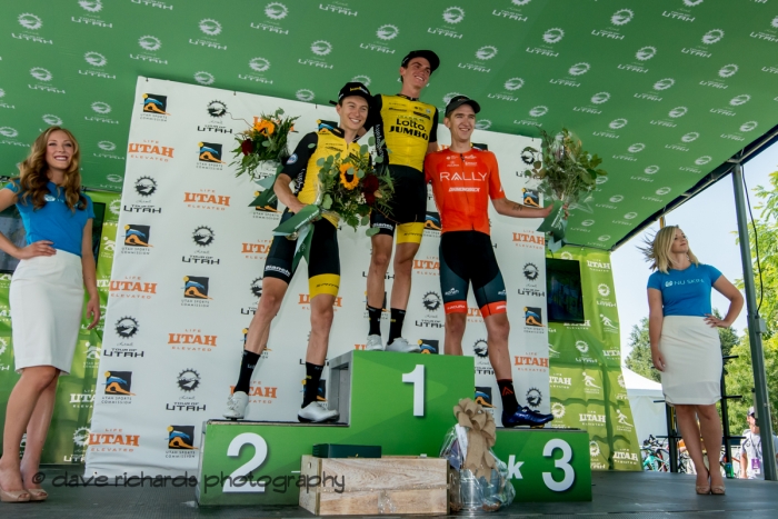 Stage 2 podium L-R  Neilson Powless & Sepp Kuss s ( both of Team Lotto NL_Jumbo) Kyle Murphy (Rally Cycling) , 2018 LHM Tour of Utah cycling race (Photo by Dave Richards, daverphoto.com)