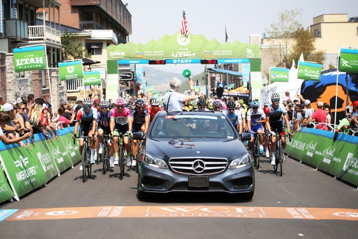 Parade lap through Main Street, Park City. 2018 Tour of Utah Stage 6, August 12, 2018, Park City, Utah. Photo by Cathy Fegan-Kim, cottonsoxphotography.net