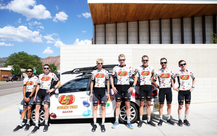 Jelly Belly P/B Maxxis. 2018 Tour of Utah Team Presentation, August 4, 2018, Cedar City, Utah. Photo by Cathy Fegan-Kim, cottonsoxphotography.net