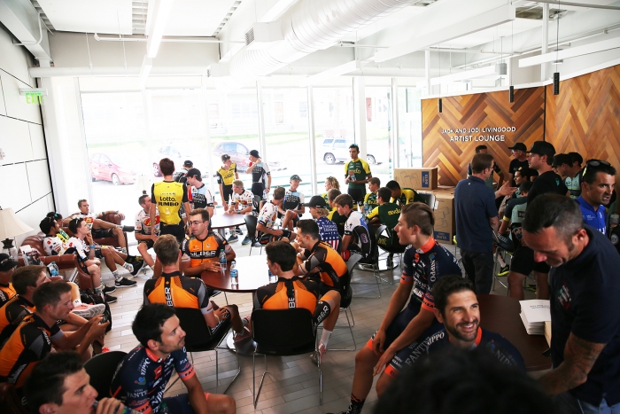 Team Presentation green room. 2018 Tour of Utah Team Presentation, August 4, 2018, Cedar City, Utah. Photo by Cathy Fegan-Kim, cottonsoxphotography.net